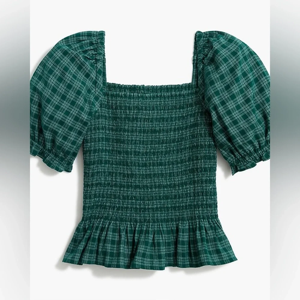 J.Crew Green Plaid Smocked Peplum‎ Top Puff Sleeve Square Neck Women’s Small